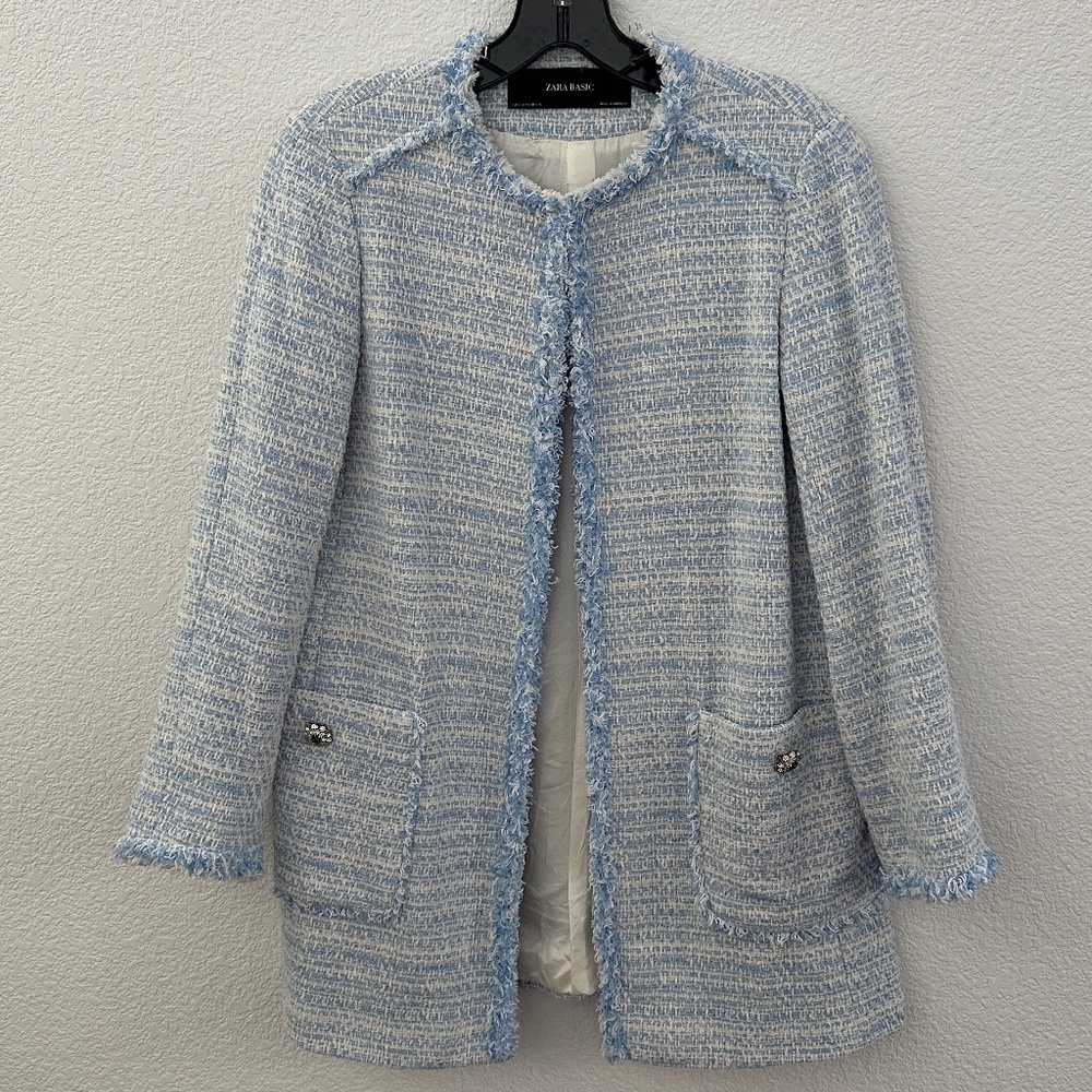 Zara Women's Jewel Button Tweed Jacket (Size S) - Light Blue